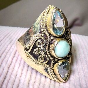 Larimar & Blue Topaz Sterling Silver Ring – Ornate Balinese Style, Size 10.5